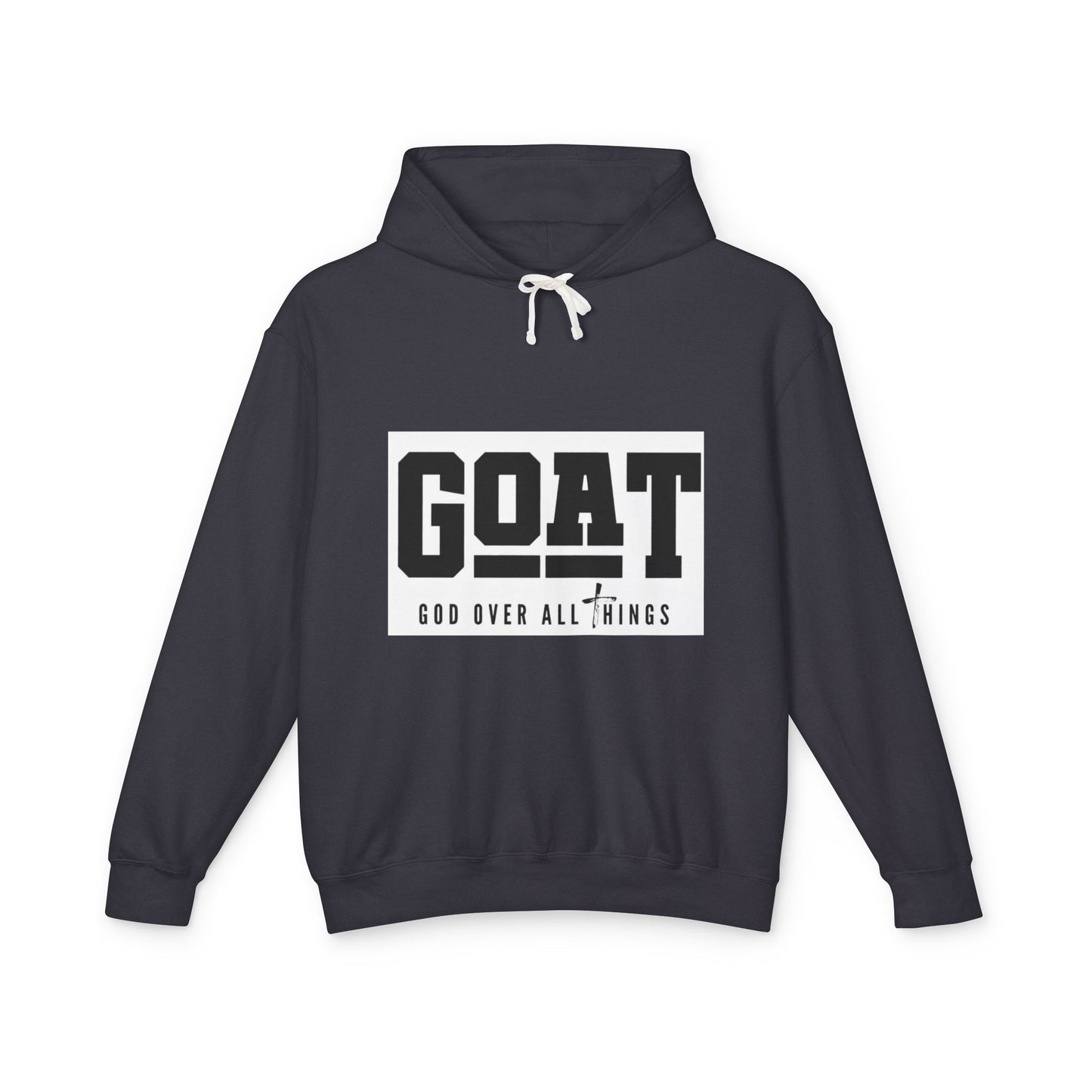 Navy hoodie with 'GOAT God Over All Things' text on a white background