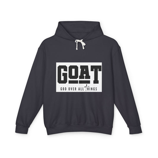 Navy hoodie with 'GOAT God Over All Things' text on a white background